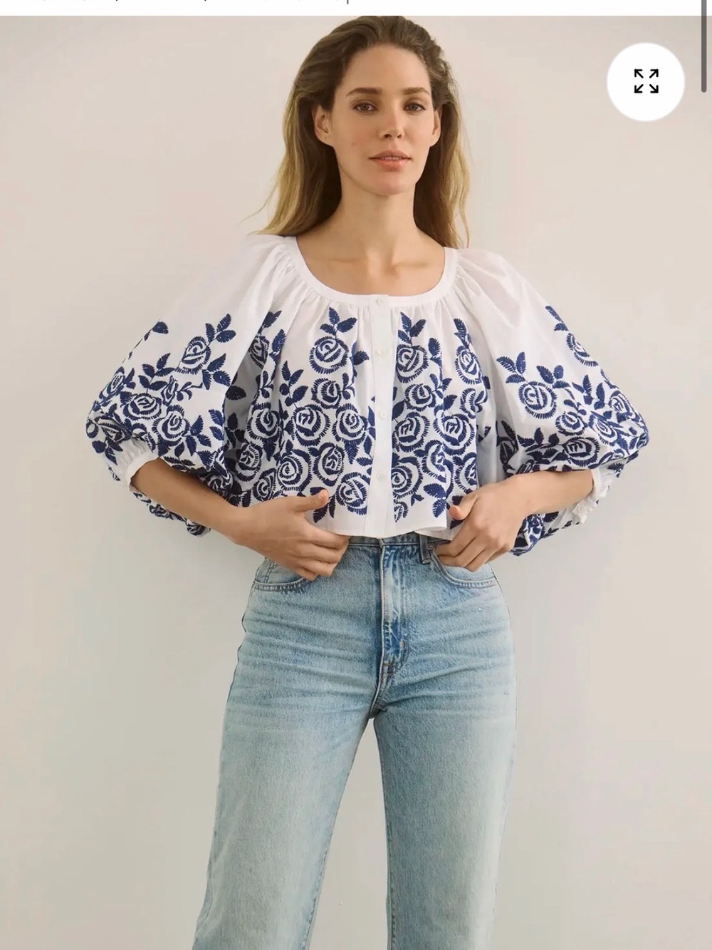 HUNTER BELL White Blouse with Navy Floral Embroidery